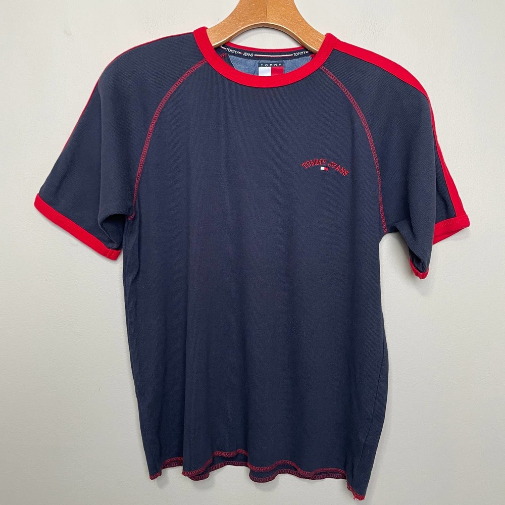 Tommy Hilfiger Embroidered Crew Neck Short Sleeve Ringer Tee Red Blue M